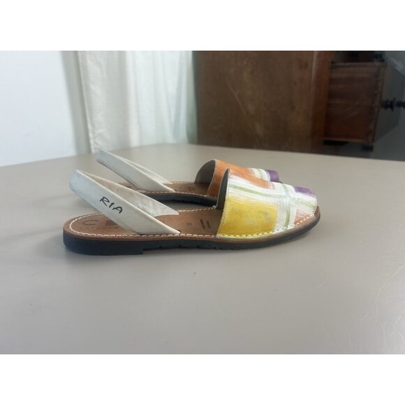 RIA MENORCA Sz 38/7 Cream Orange Green Leather Slip On Peep Toe Shoe Sandals - Picture 2 of 10
